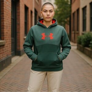 UNDER ARMOUR Men's Loose Fit Olive Green Hoodie With Orange Chest Logo Sz Md/M